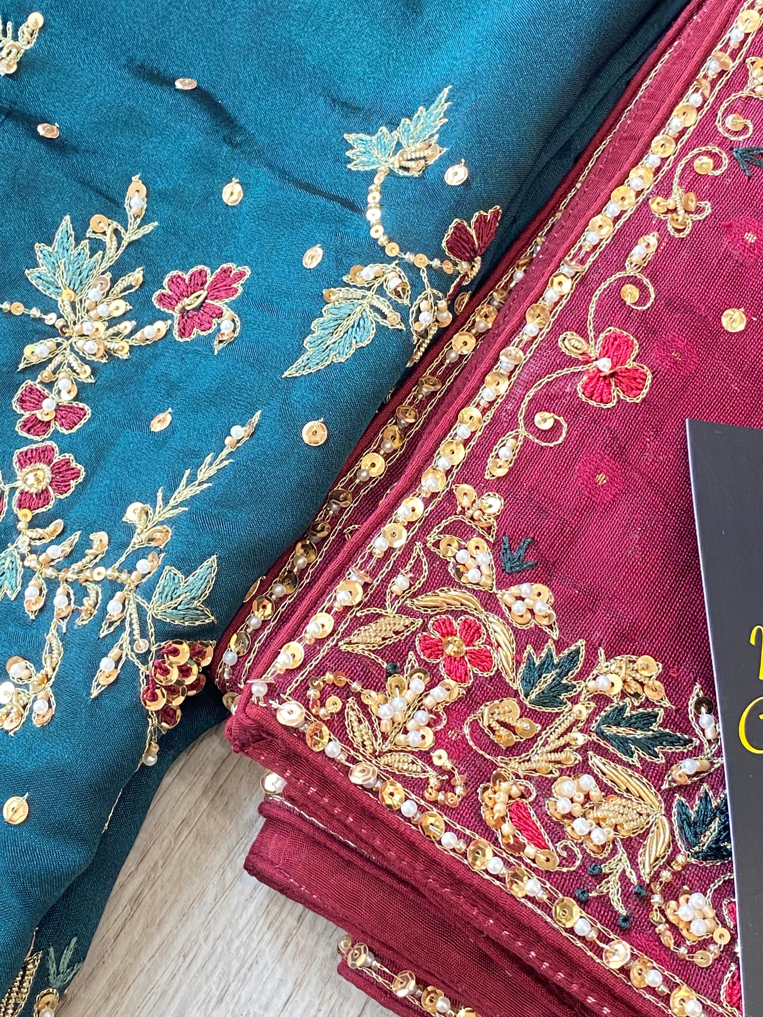 Dark teal and maroon